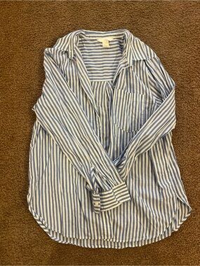 H&M Blue White Striped Linen Button Up Shirt Size S
